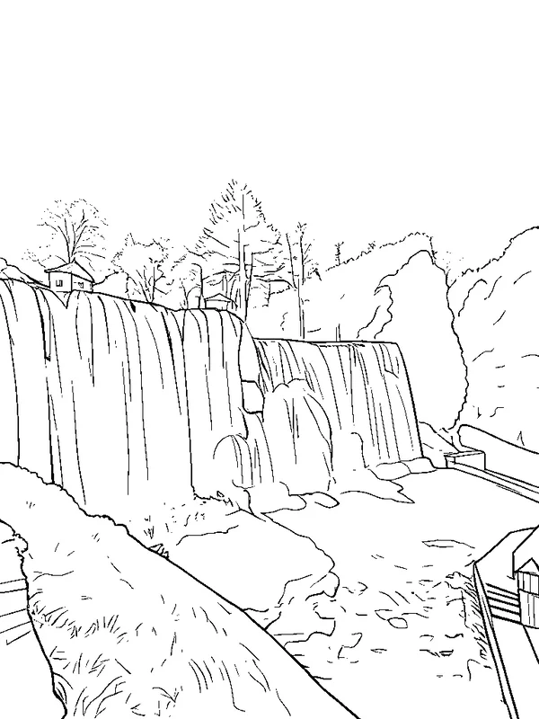 La misma cascada convertida en dibujo para colorear, en la página derecha