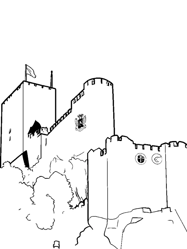 El mismo castillo convertido en dibujo de líneas para colorear, en la página derecha