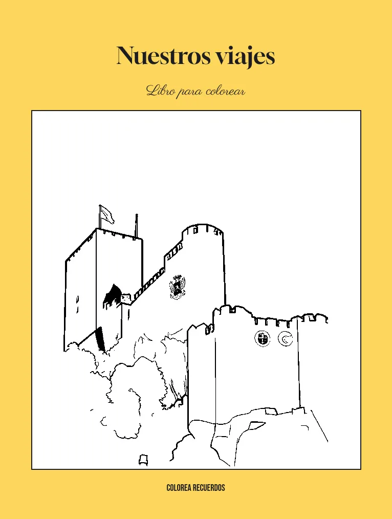 Portada de ejemplo con el título «Nuestros viajes» y el dibujo de un castillo para colorear